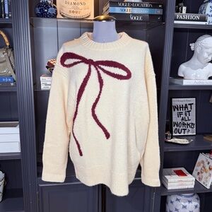 J.Crew Cream Chunky Sweater with Velvet Bow – Size M